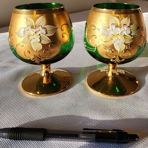 Murano Green and Gold Floral Art Glass Goblets